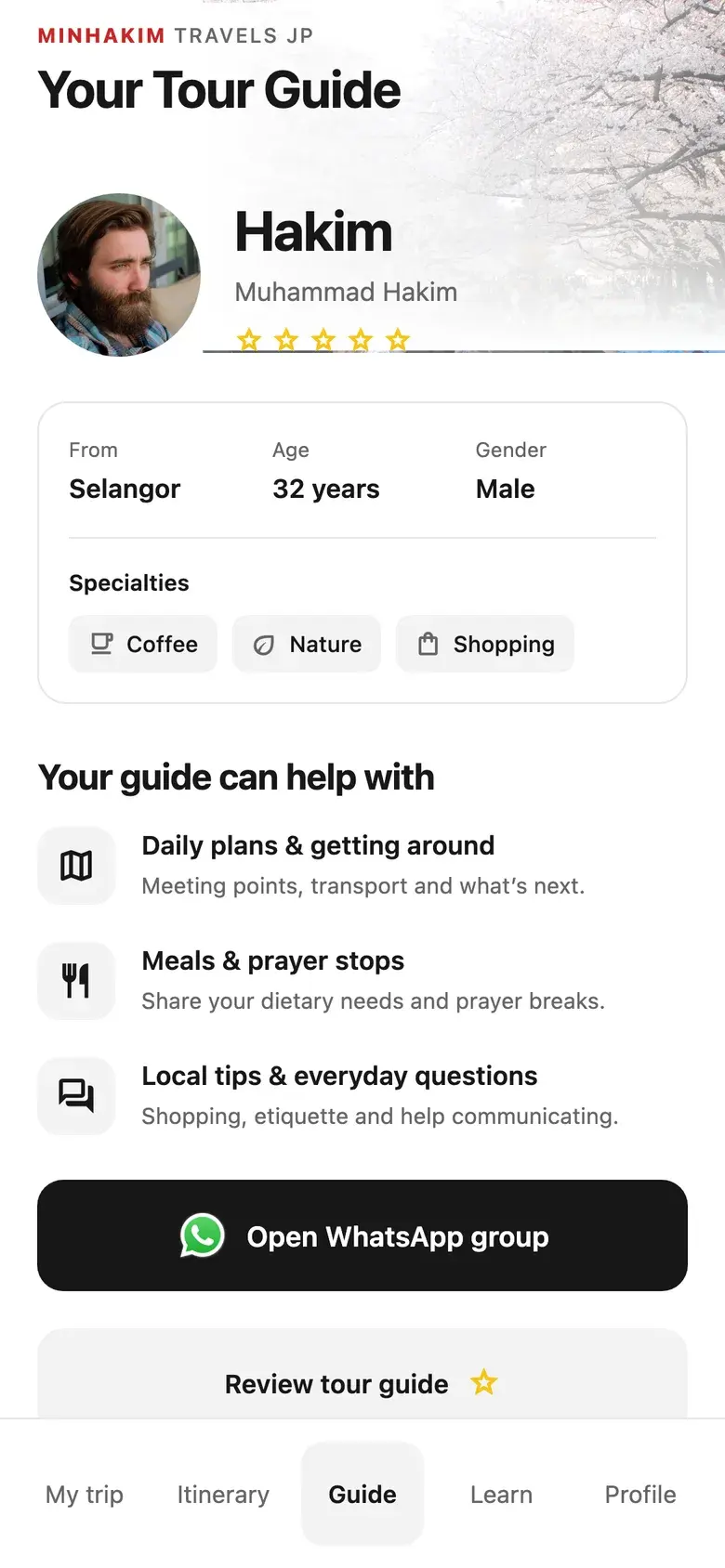 Guide screen showing guide Hakim from Selangor with specialties