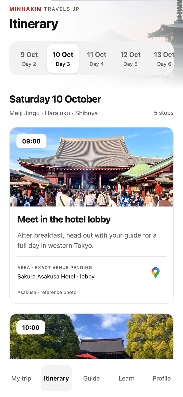 Itinerary screen in the Minhakim Travels JP app