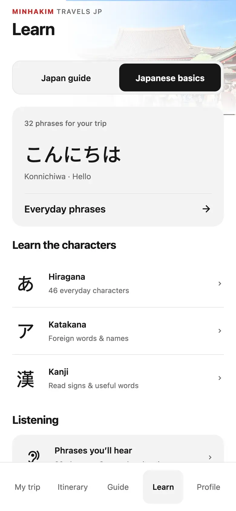 Japanese basics with phrases, hiragana, katakana and kanji