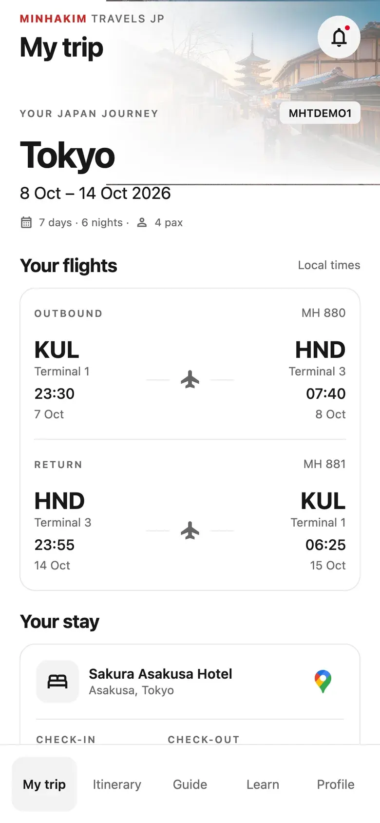 My trip screen in the Minhakim Travels JP app