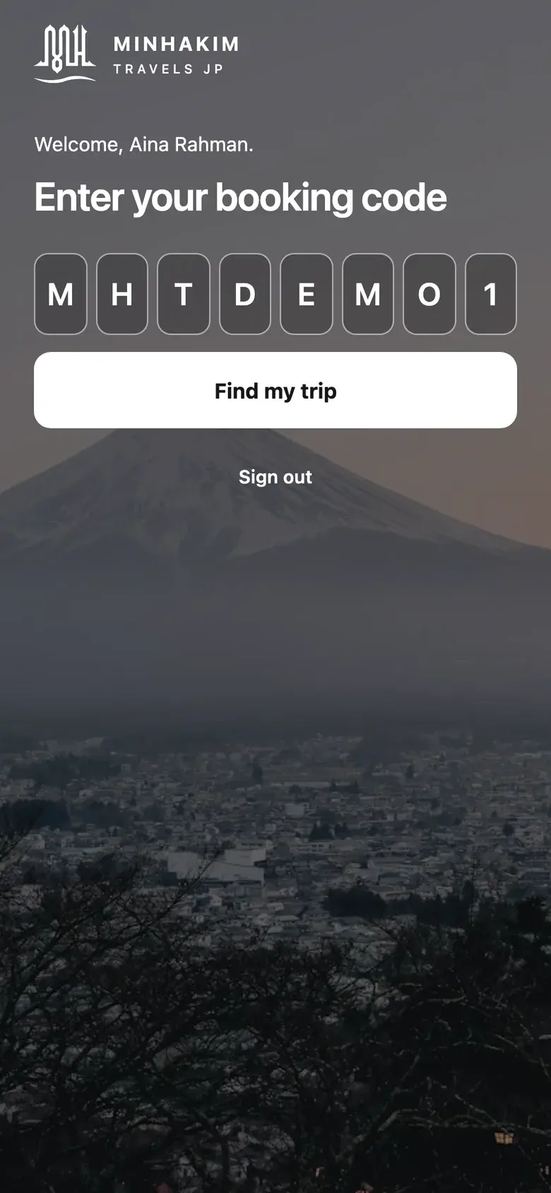 Entering an 8-character trip code in the app